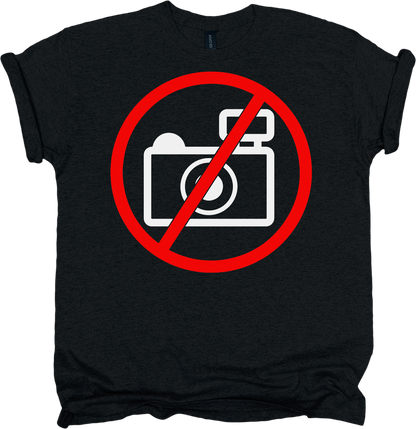 Black t-shirt with a red circle and line through a camera symbol 