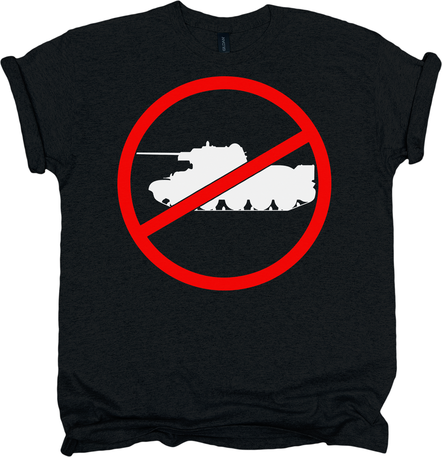 Black t-shirt with a red circle and line over a tank design on a white background