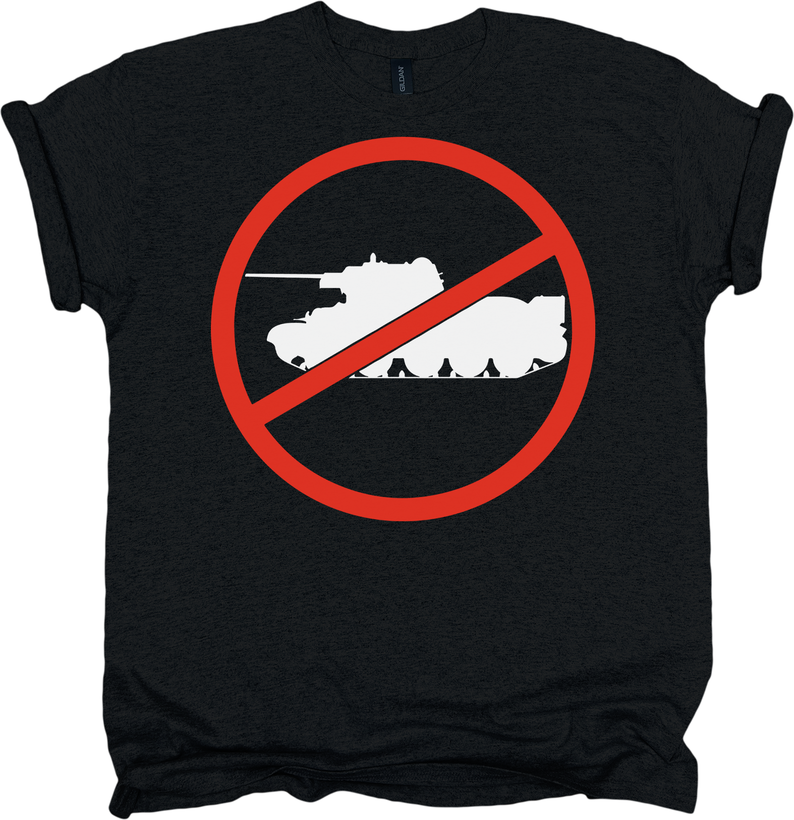 Black t-shirt with a red circle and line over a tank design on a white background