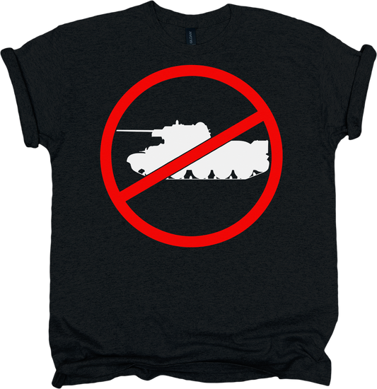 Black t-shirt with a red circle and line over a tank design on a white background