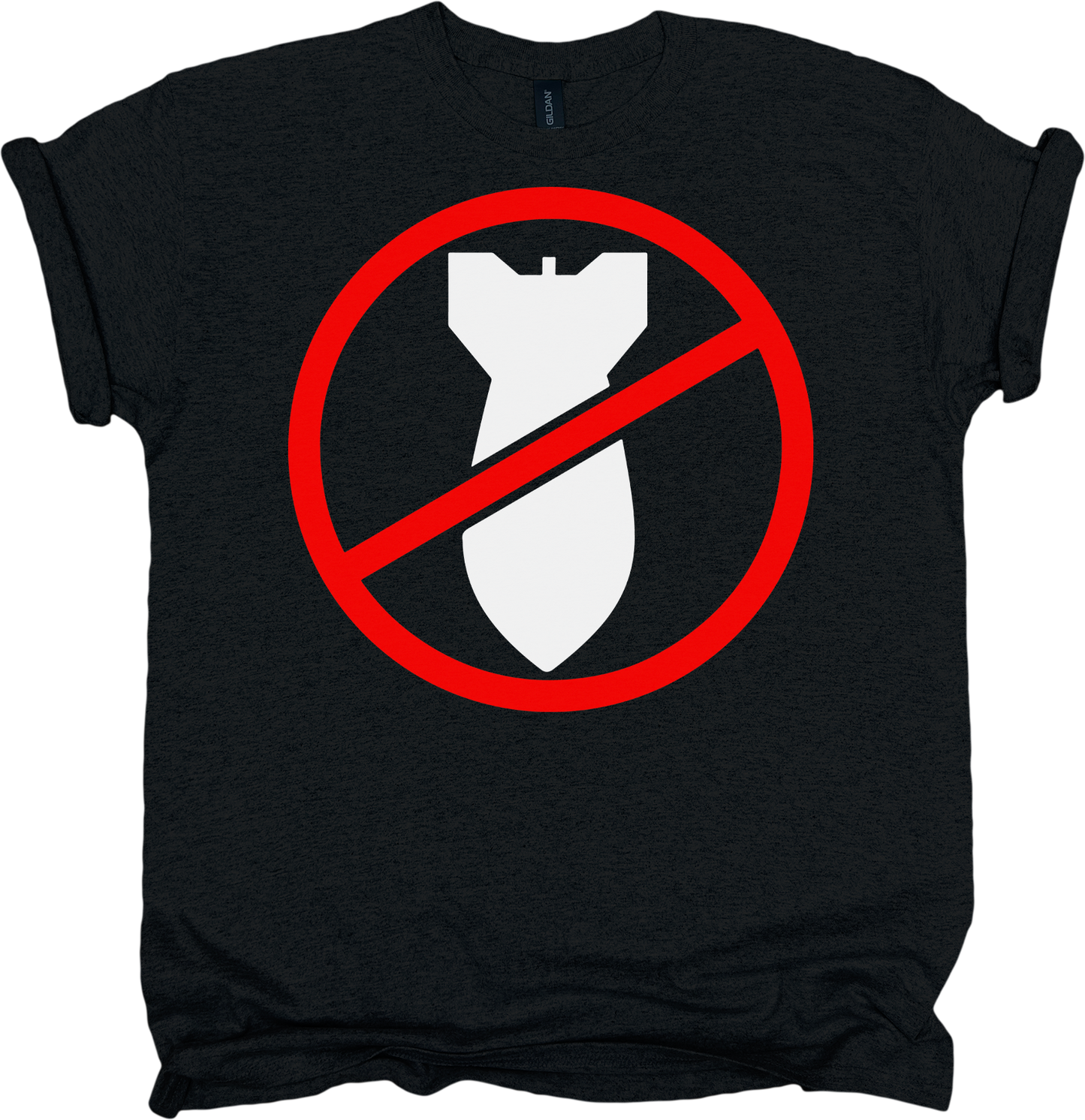 Black t-shirt with a red circle and line over a white bomb symbol 