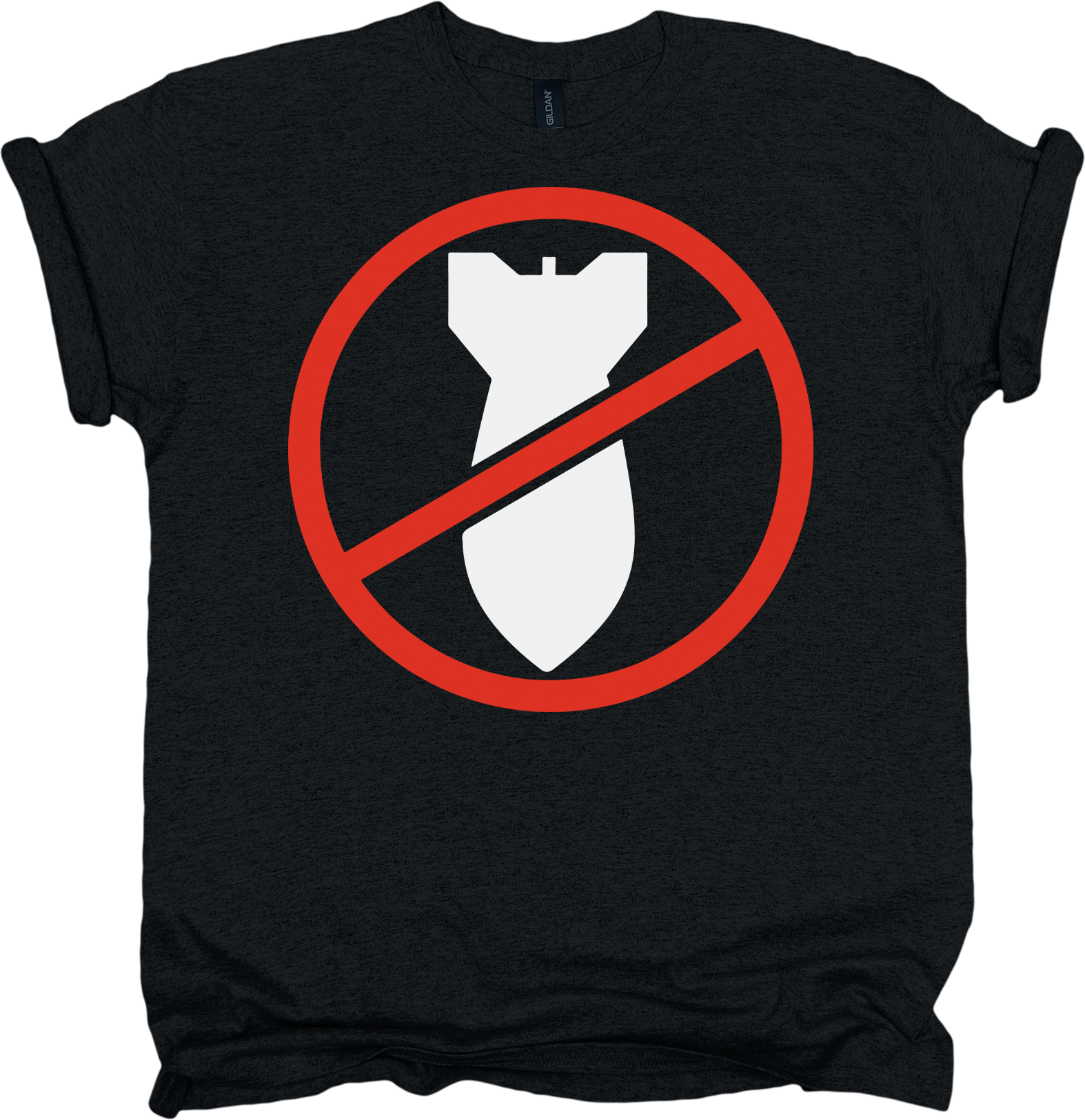 Black t-shirt with a red circle and line over a white bomb symbol 