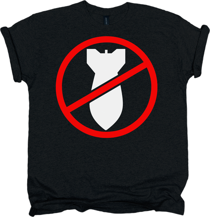 Black t-shirt with a red circle and line over a white bomb symbol 