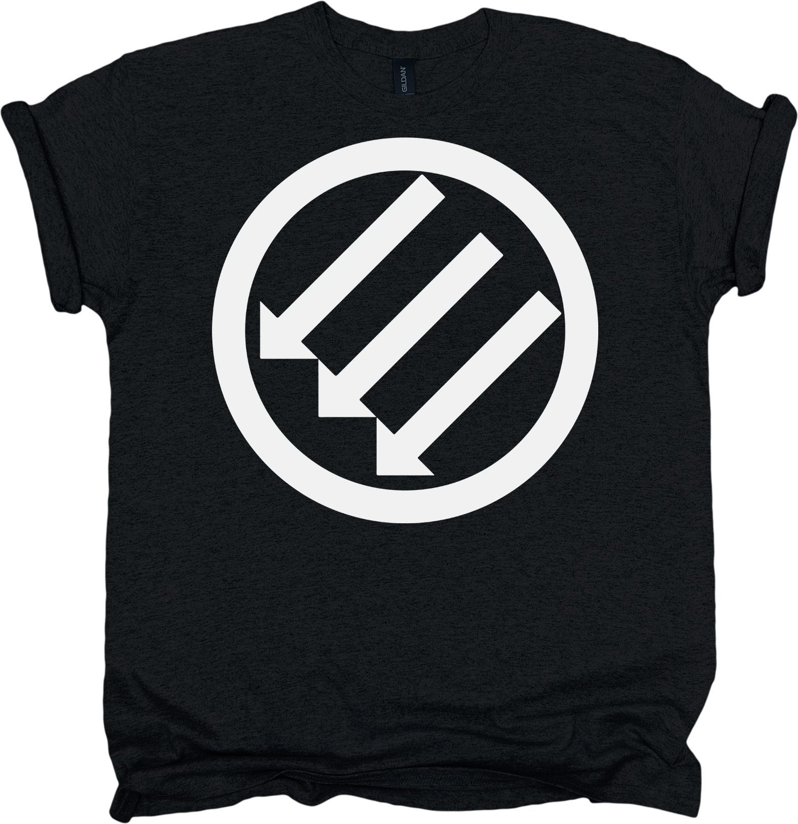 Black t-shirt with a white '3 arrows' symbol.