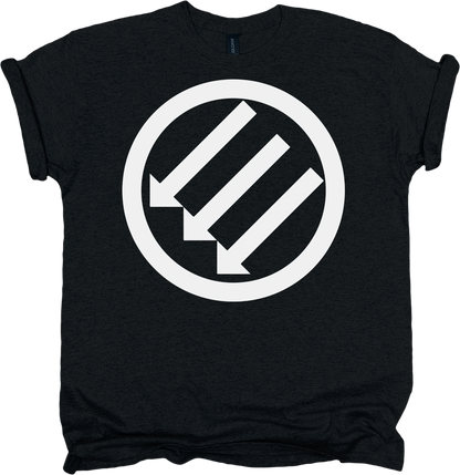 Black t-shirt with a white '3 arrows' symbol.