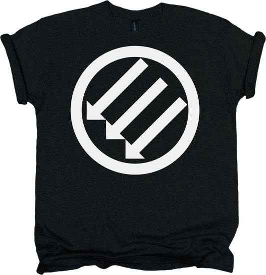 Black t-shirt with a white '3 arrows' symbol.