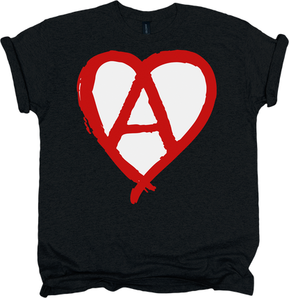Black t-shirt with a red and white heart-shaped anarchy symbol on a white background