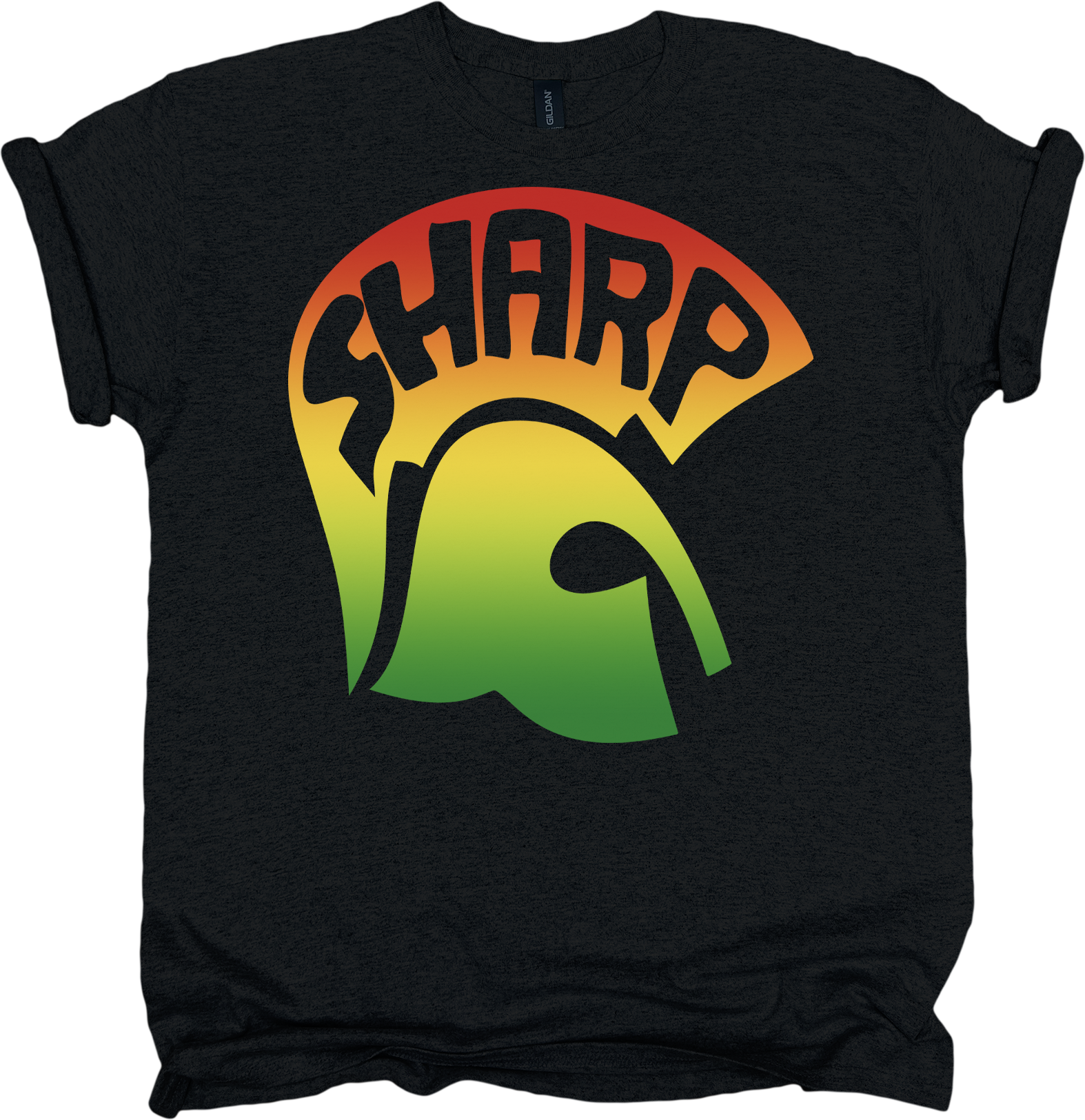 Black t-shirt with a colorful 'SHARP' graphic design.