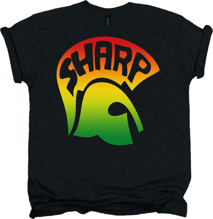 Black t-shirt with a colorful 'SHARP' graphic design.