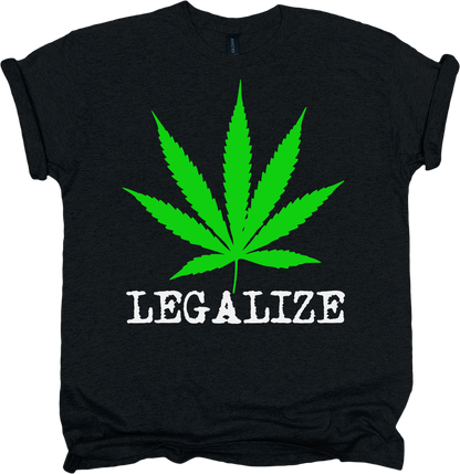Black t-shirt with green cannabis leaf and 'LEGALIZE' text in white