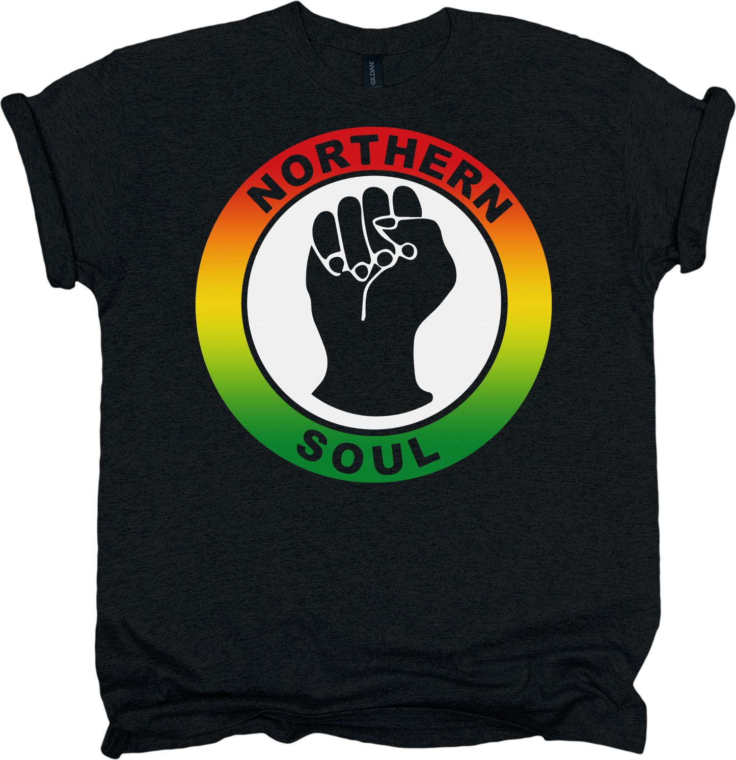 Black t-shirt with 'Northern Soul' design featuring a fist and reggae circle on a white background