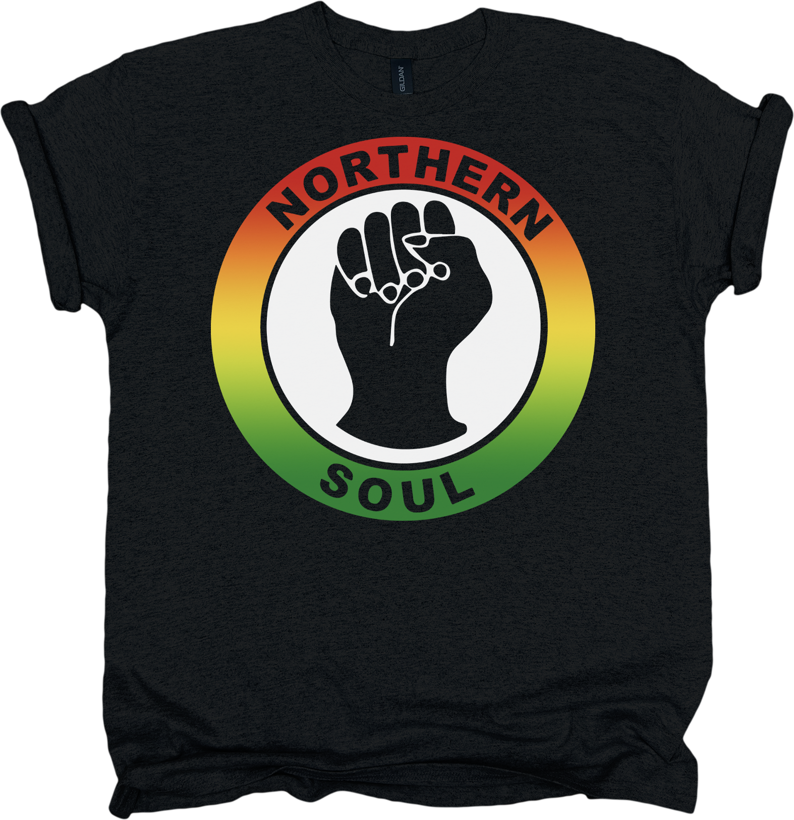 Black t-shirt with 'Northern Soul' design featuring a fist and reggae circle on a white background