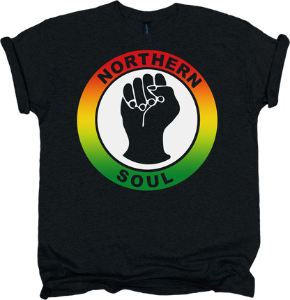 Black t-shirt with 'Northern Soul' design featuring a fist and reggae circle on a white background