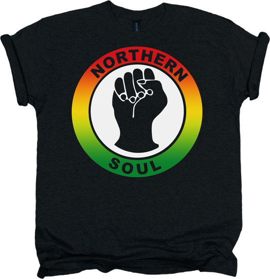 Black t-shirt with 'Northern Soul' design featuring a fist and reggae circle on a white background