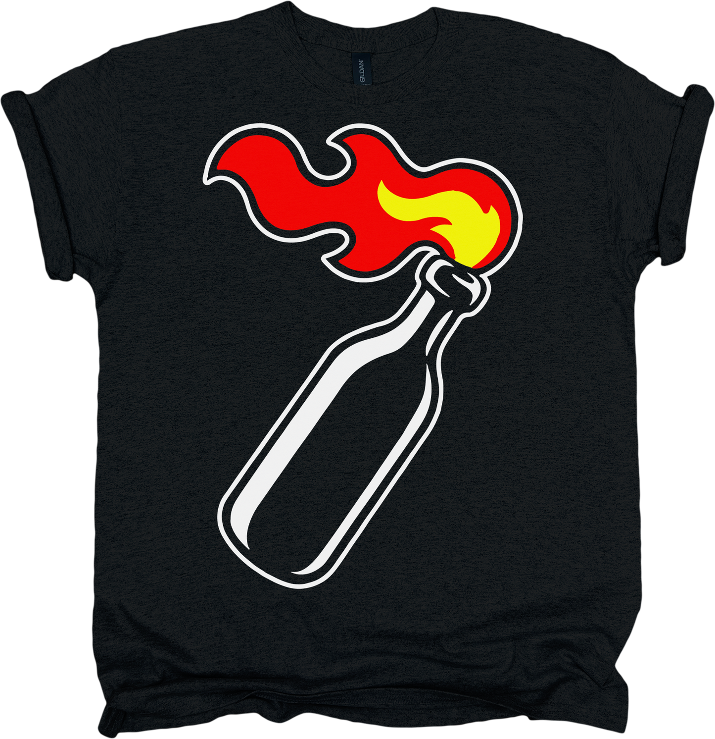 Black t-shirt with a graphic of a lit Molotov and flames on a white background