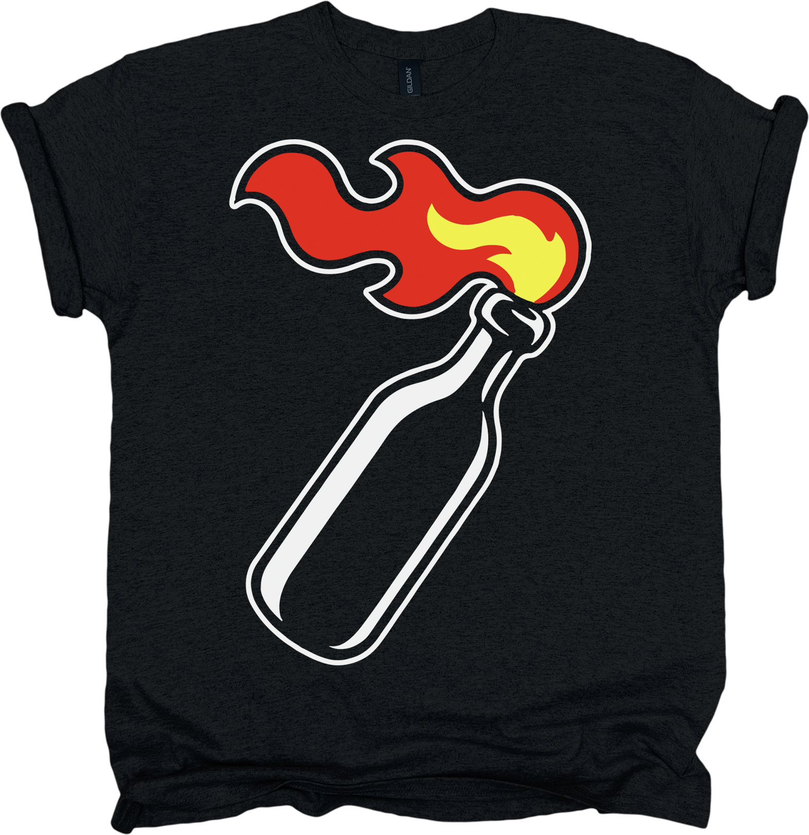 Black t-shirt with a graphic of a lit Molotov and flames on a white background