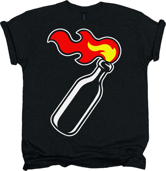 Black t-shirt with a graphic of a lit Molotov and flames on a white background