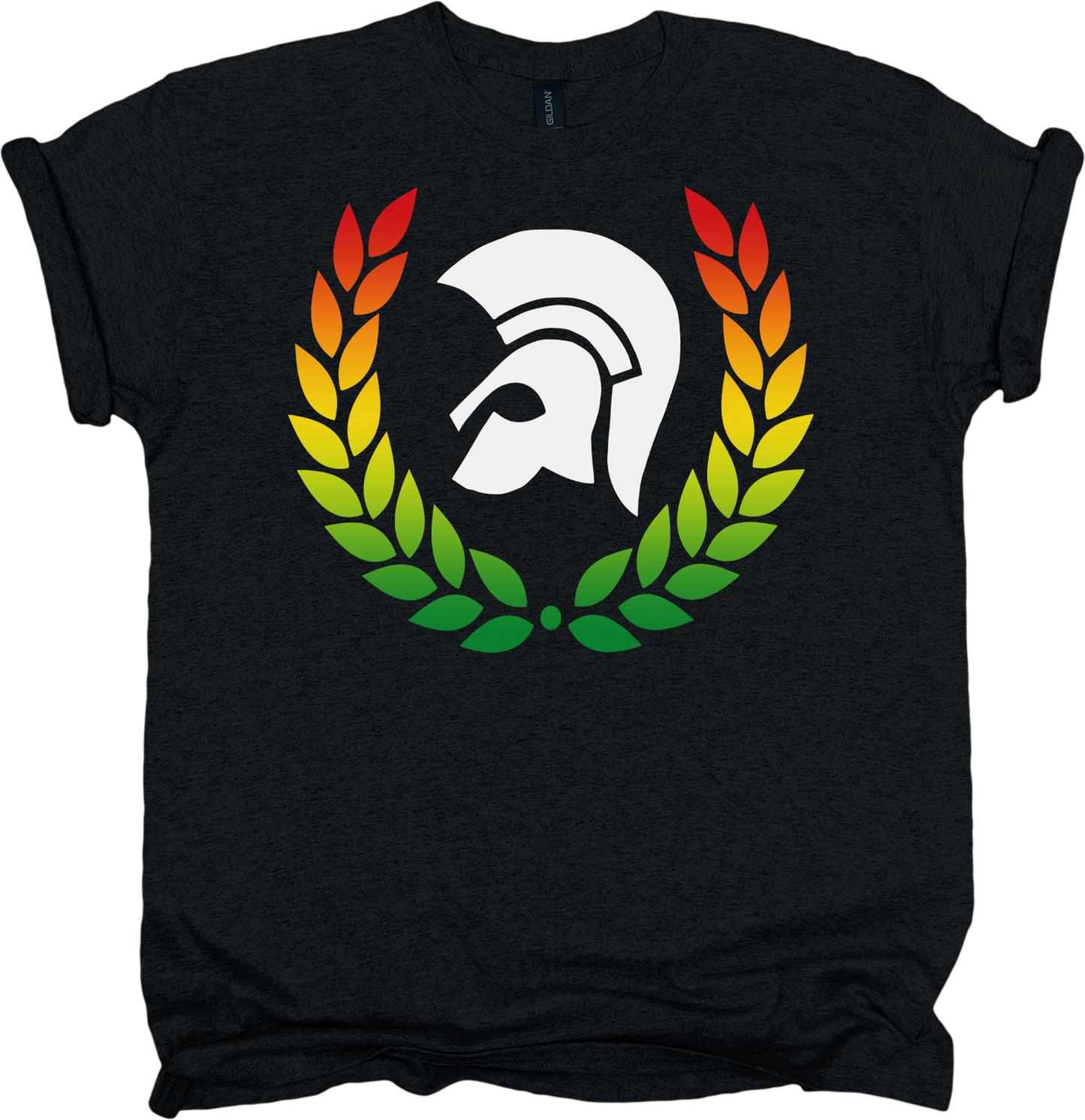 Black t-shirt with a colourful Trojan skin helmet design 