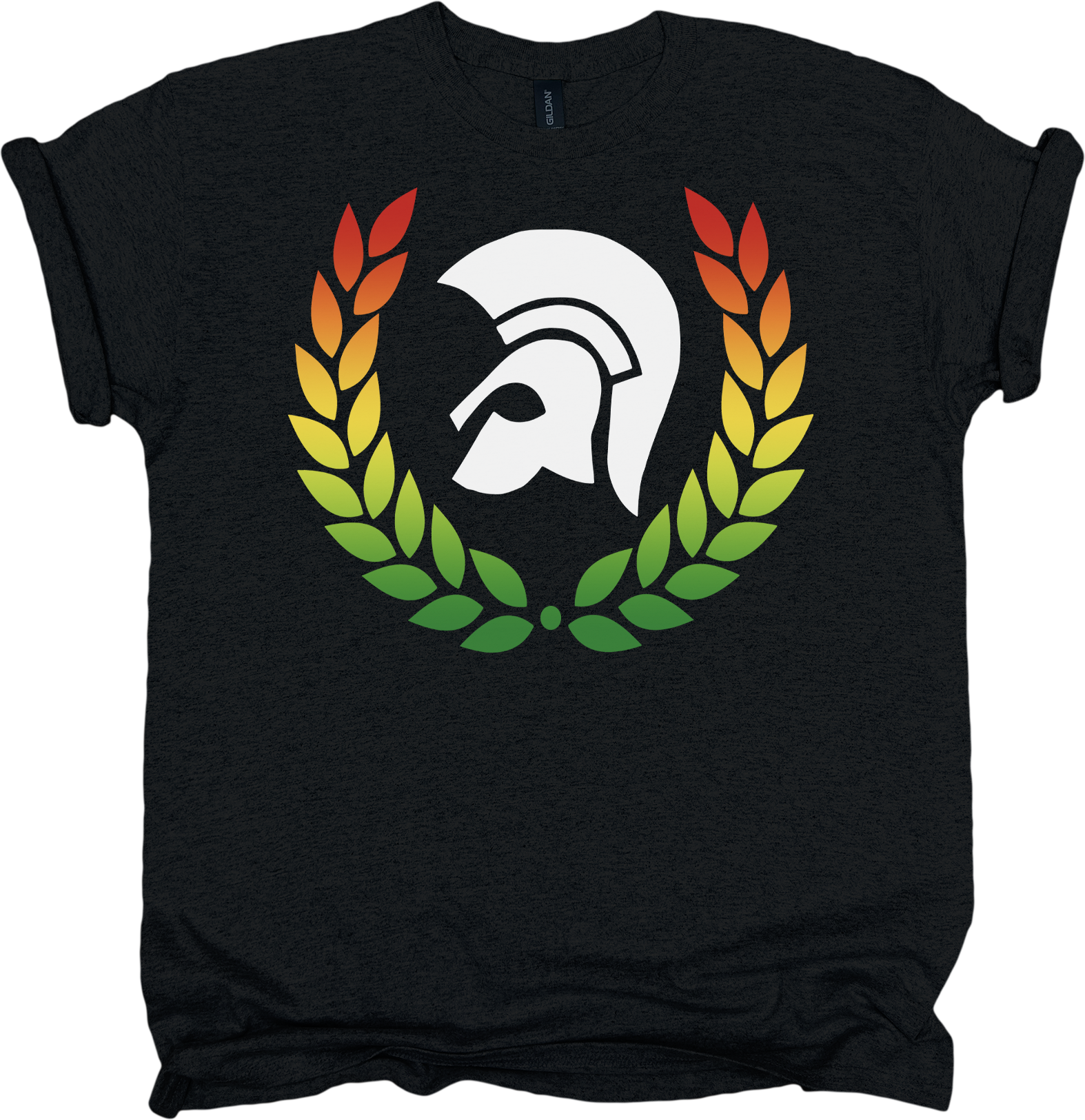 Black t-shirt with a colourful Trojan skin helmet design 