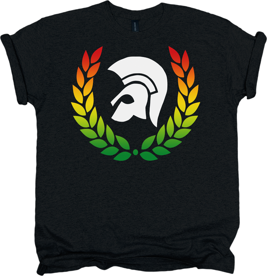 Black t-shirt with a colourful Trojan skin helmet design 