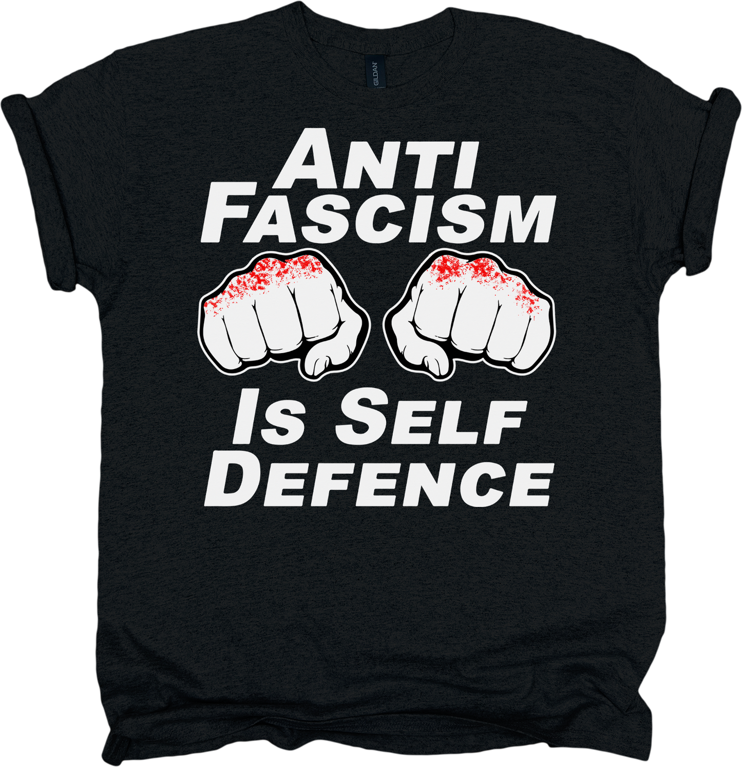 Black t-shirt with white text 'ANTI FASCISM IS SELF DEFENCE' and fists graphic on a white background