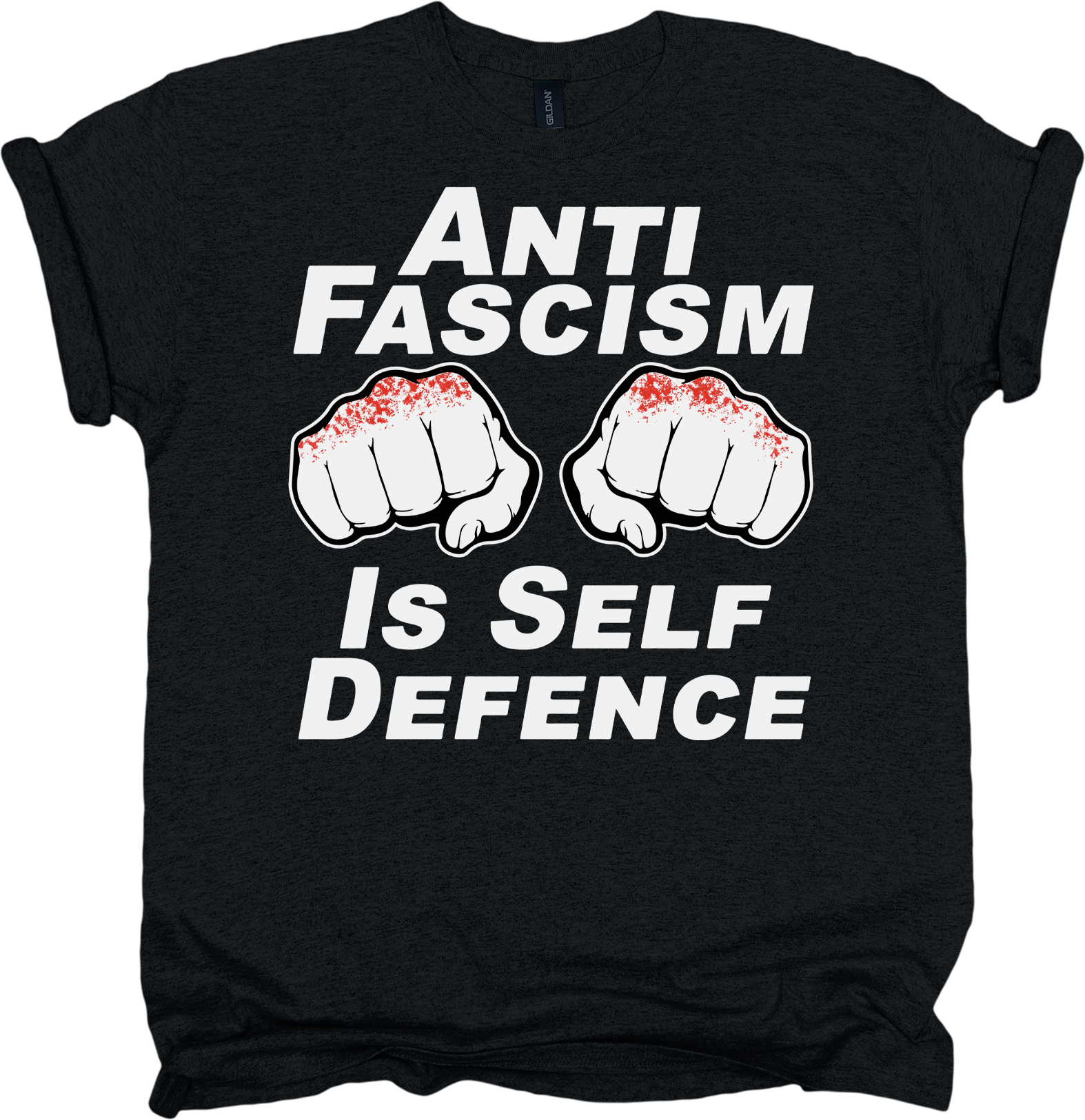Black t-shirt with white text 'ANTI FASCISM IS SELF DEFENCE' and fists graphic on a white background