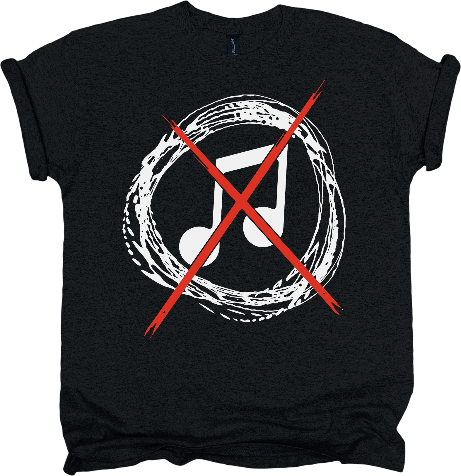 Black t-shirt with a white musical note symbol and red crossout line 