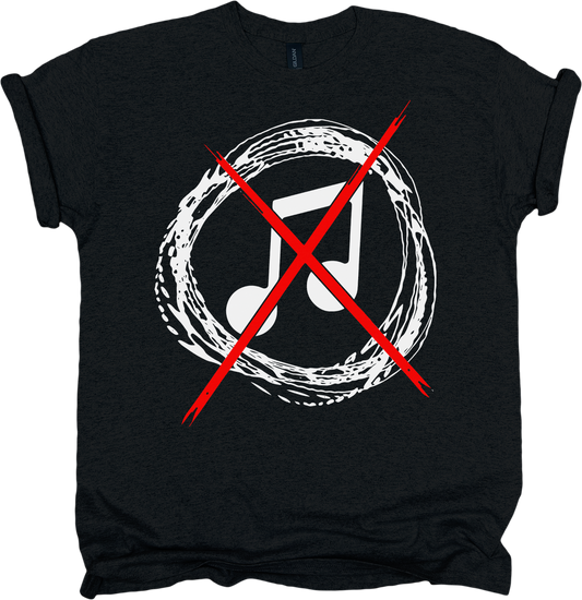 Black t-shirt with a white musical note symbol and red crossout line 