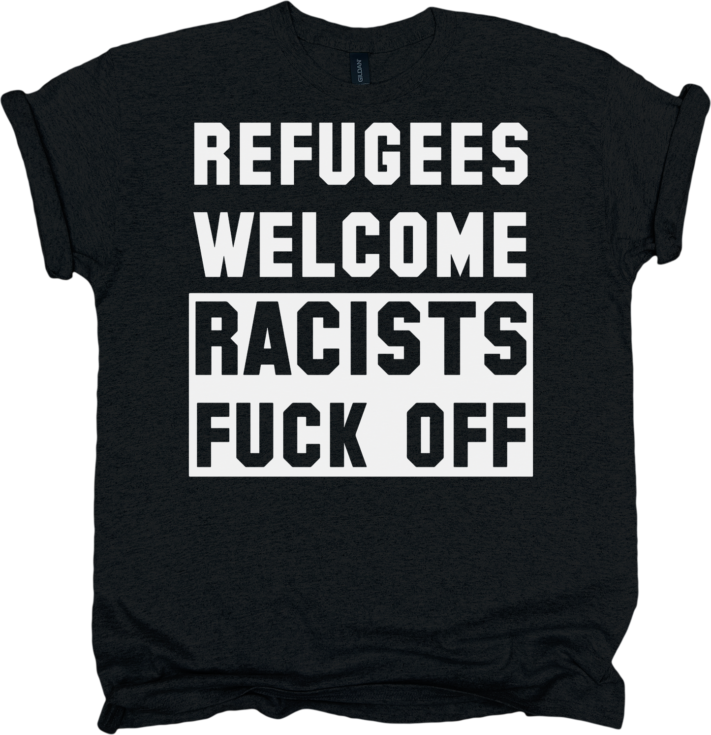 Black t-shirt with white and black text on a white background
