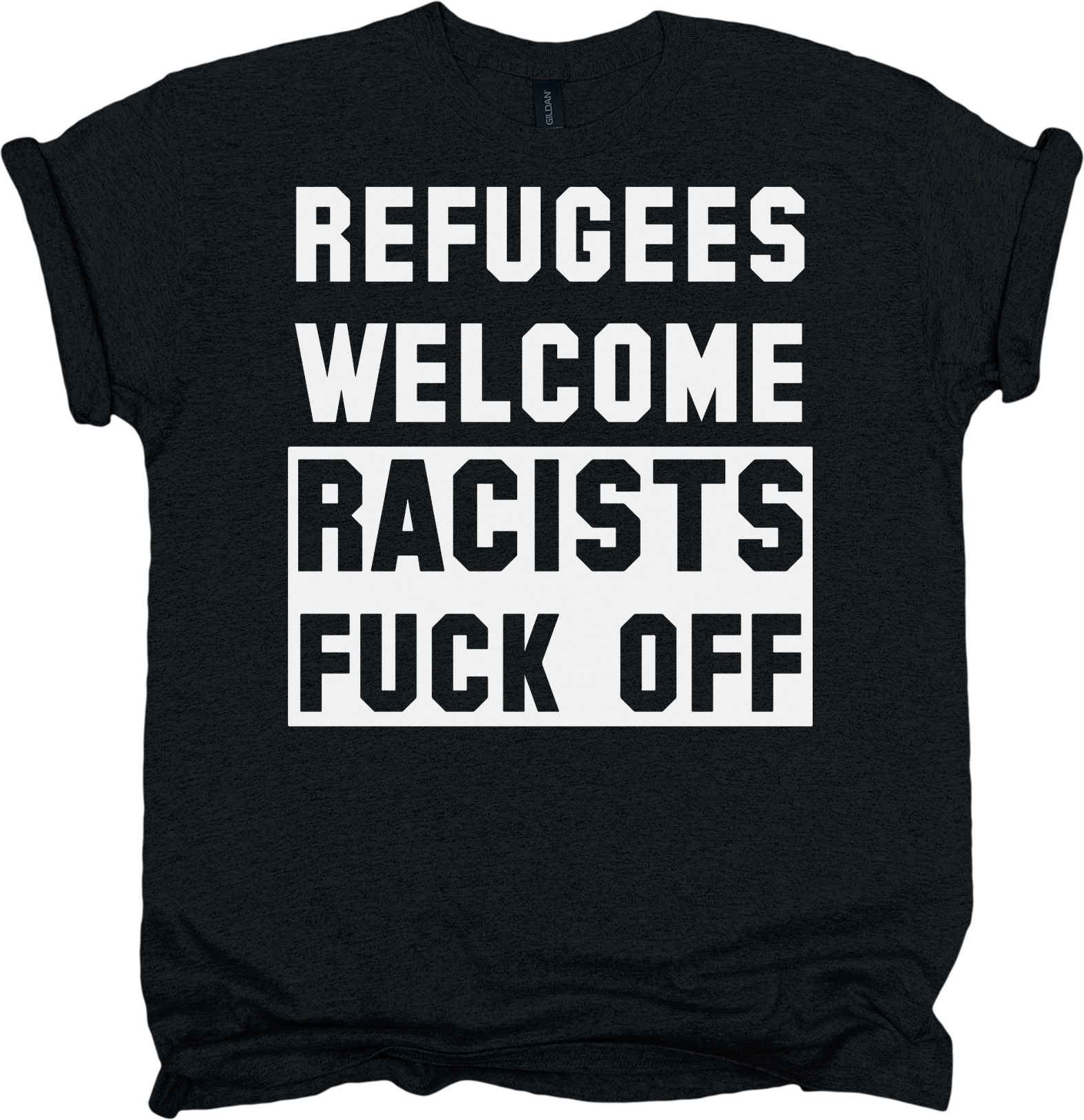 Black t-shirt with white and black text on a white background