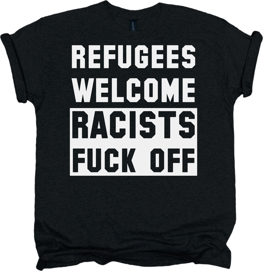 Black t-shirt with white and black text on a white background