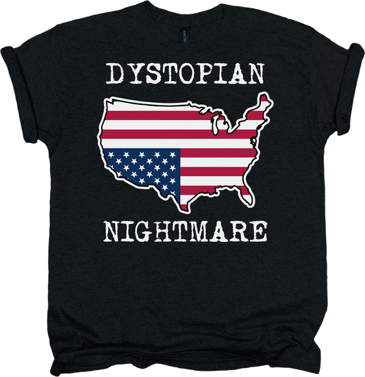Black t-shirt with American flag map and 'Dystopian Nightmare' text on a white background