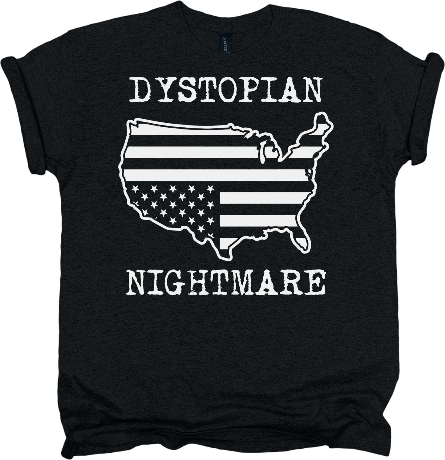 Black t-shirt with white graphic of U.S. map and American flag, text 'DYSTOPIAN NIGHTMARE' on a white background