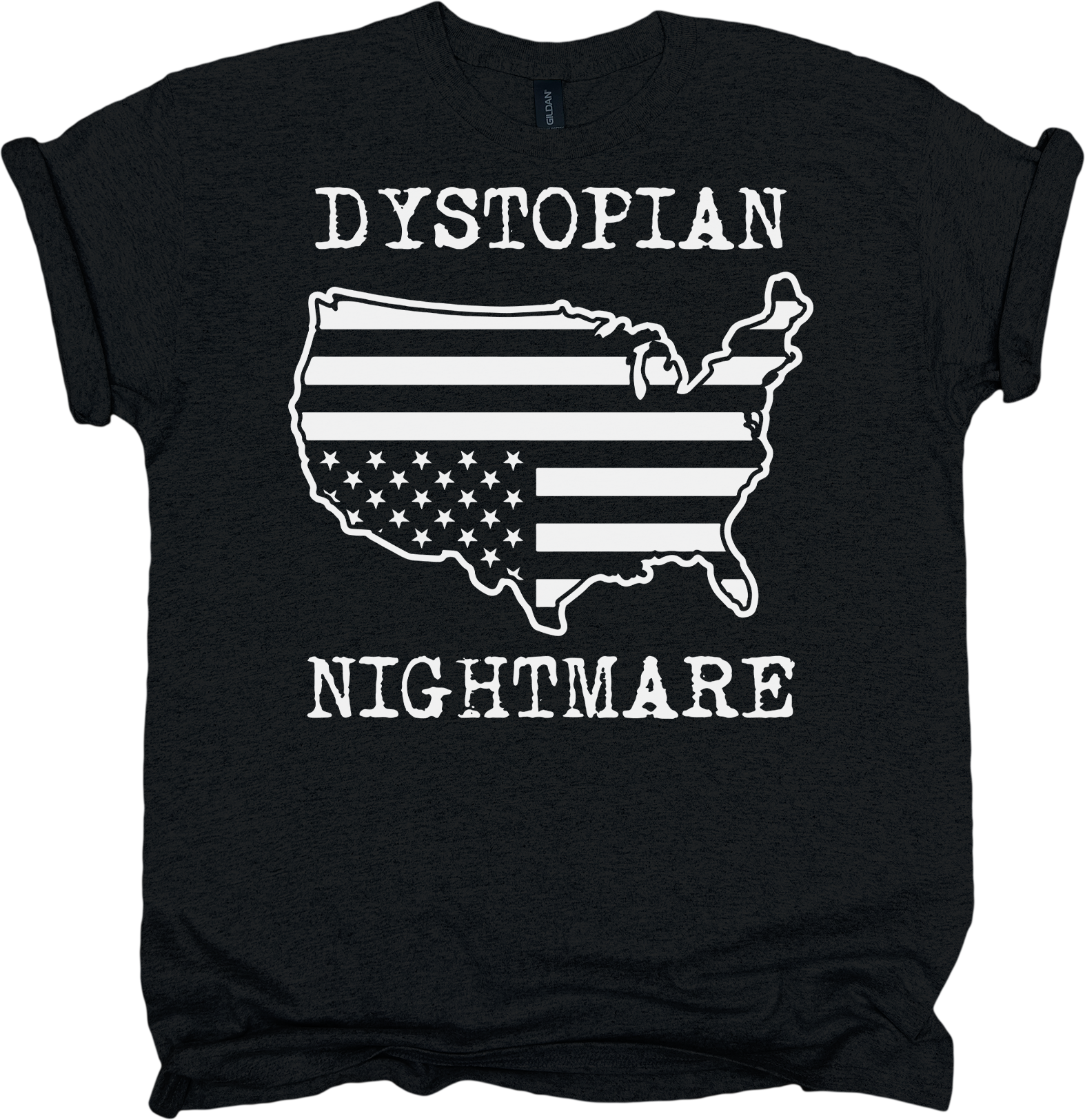 Black t-shirt with white graphic of U.S. map and American flag, text 'DYSTOPIAN NIGHTMARE' on a white background
