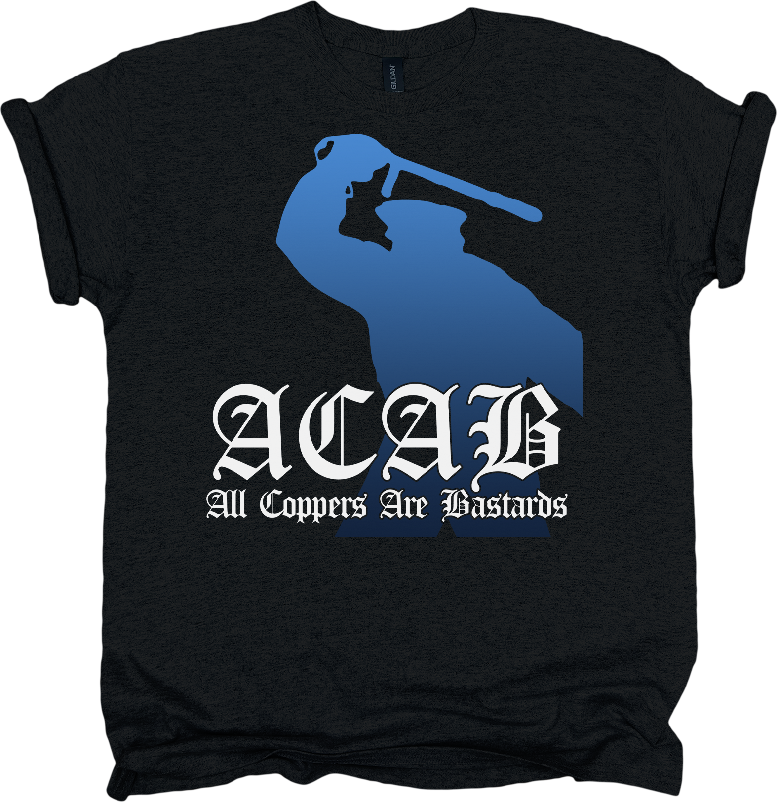 Black t-shirt with blue and white graphic and text 'ACAB All Coppers Are Bastards' 