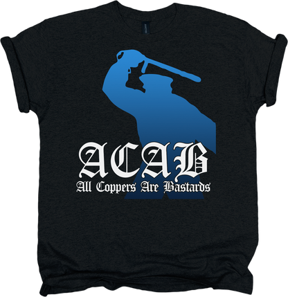 Black t-shirt with blue and white graphic and text 'ACAB All Coppers Are Bastards' 