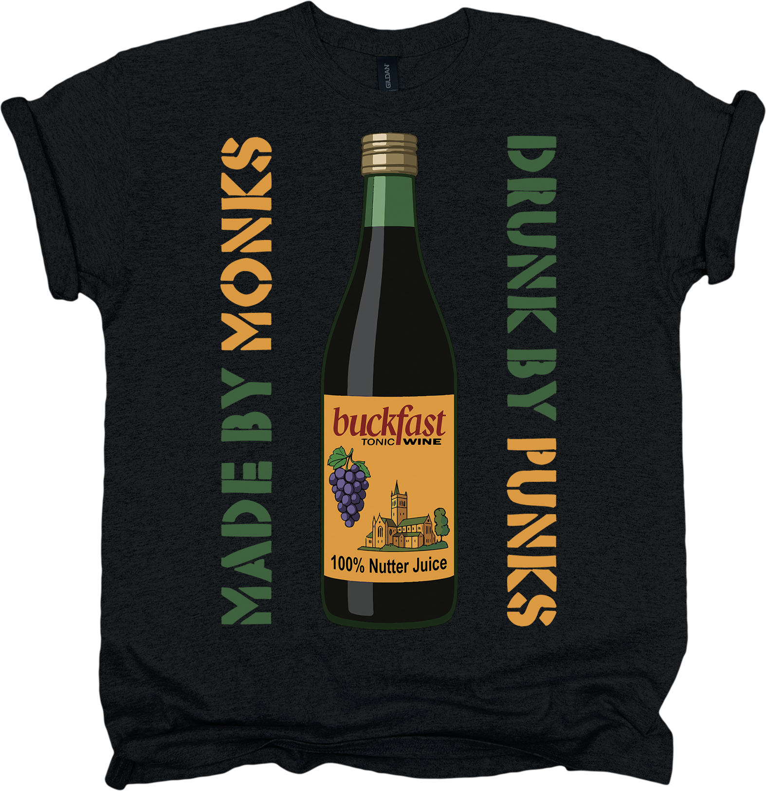 Black t-shirt with a graphic of a bottle labeled 'Buckfast' and text 'Made by Monks, Drunk by Punks'.