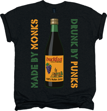 Black t-shirt with a graphic of a bottle labeled 'Buckfast' and text 'Made by Monks, Drunk by Punks'.