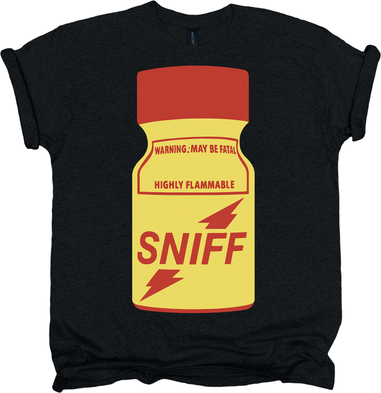 Black t-shirt with a red and yellow  graphic of a bottle labeled 'SNIFF' 