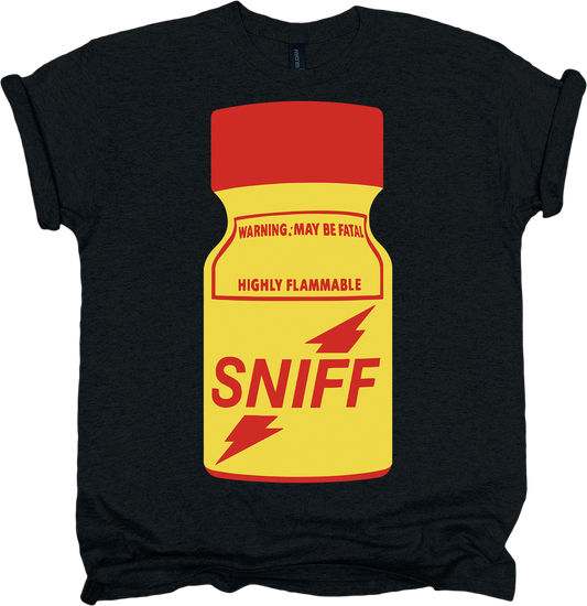 Black t-shirt with a red and yellow  graphic of a bottle labeled 'SNIFF' 