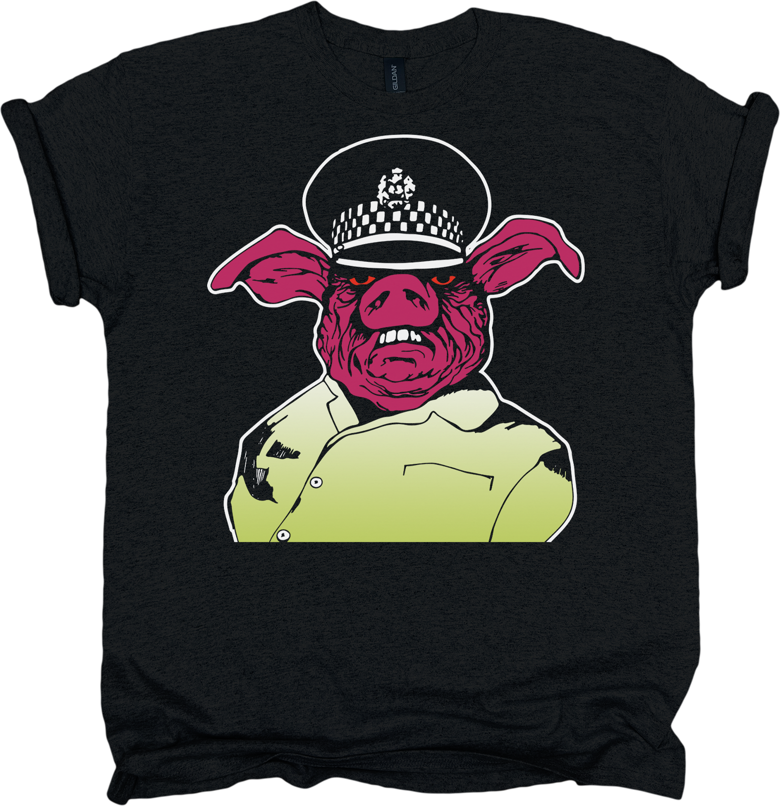 Black t-shirt with a graphic of a pig in a police uniform 