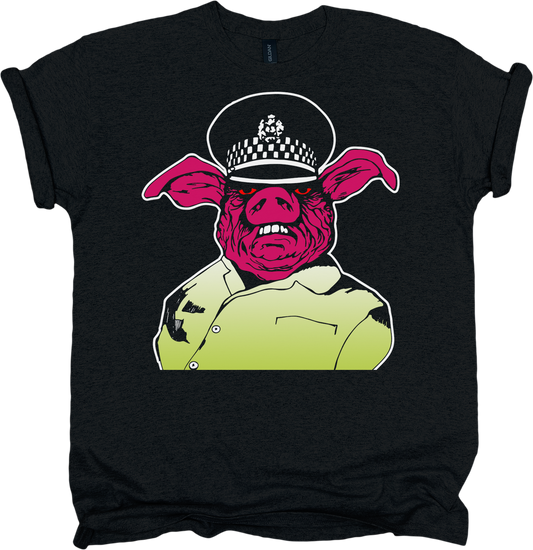 Black t-shirt with a graphic of a pig in a police uniform 