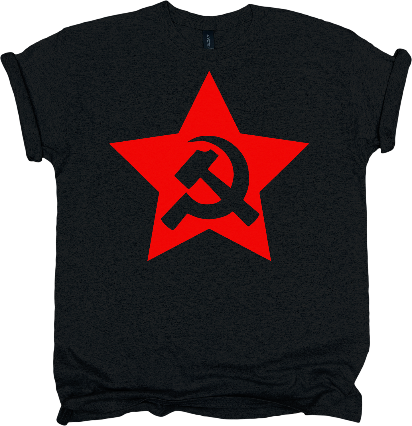 Black t-shirt with a red star and hammer and sickle symbol.