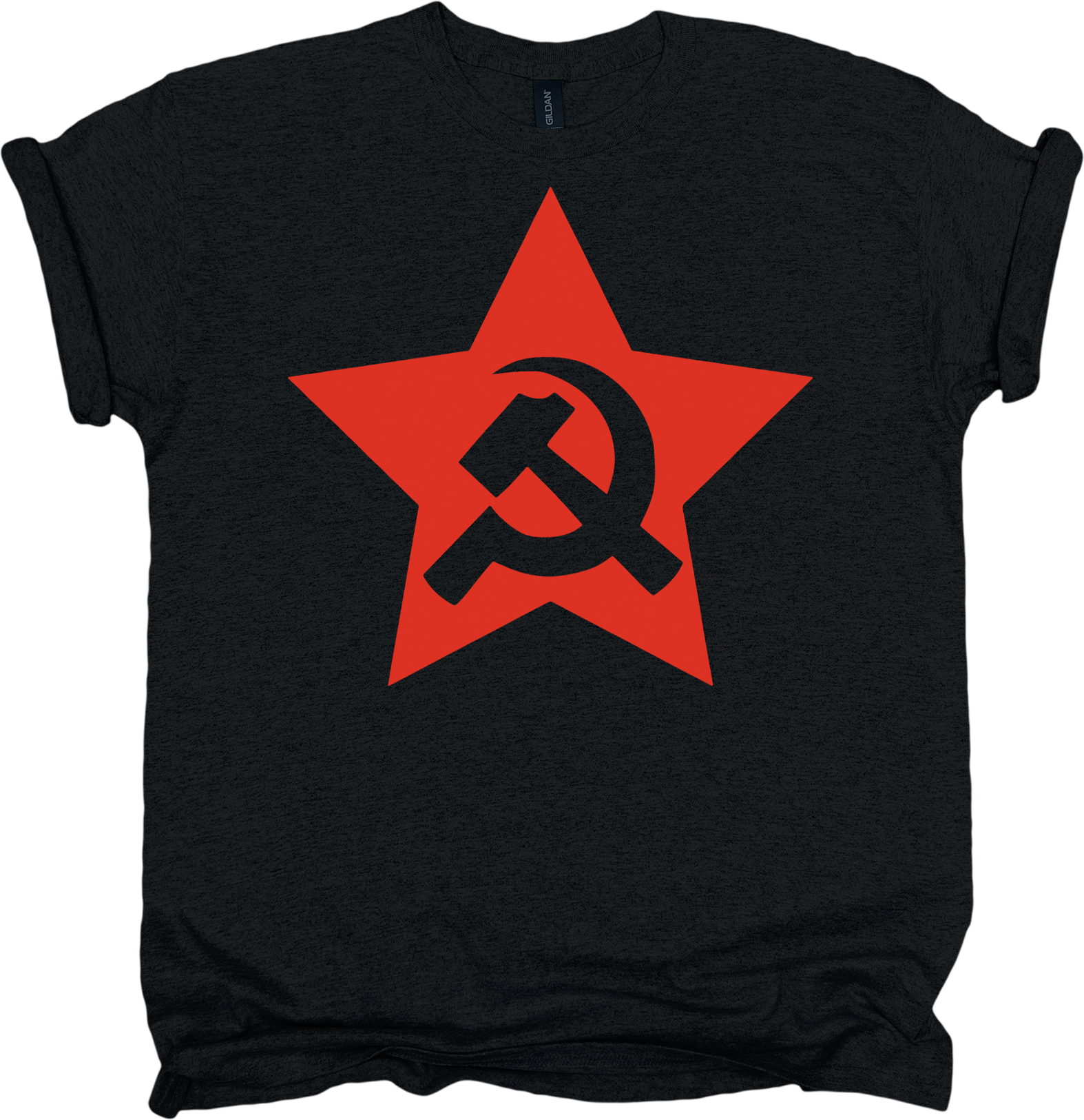 Black t-shirt with a red star and hammer and sickle symbol.