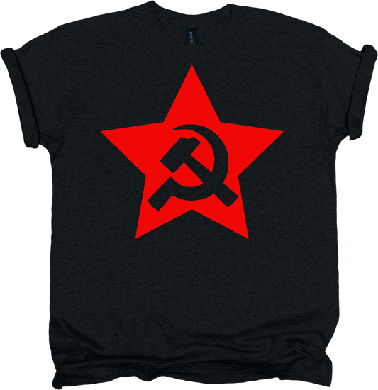 Black t-shirt with a red star and hammer and sickle symbol.