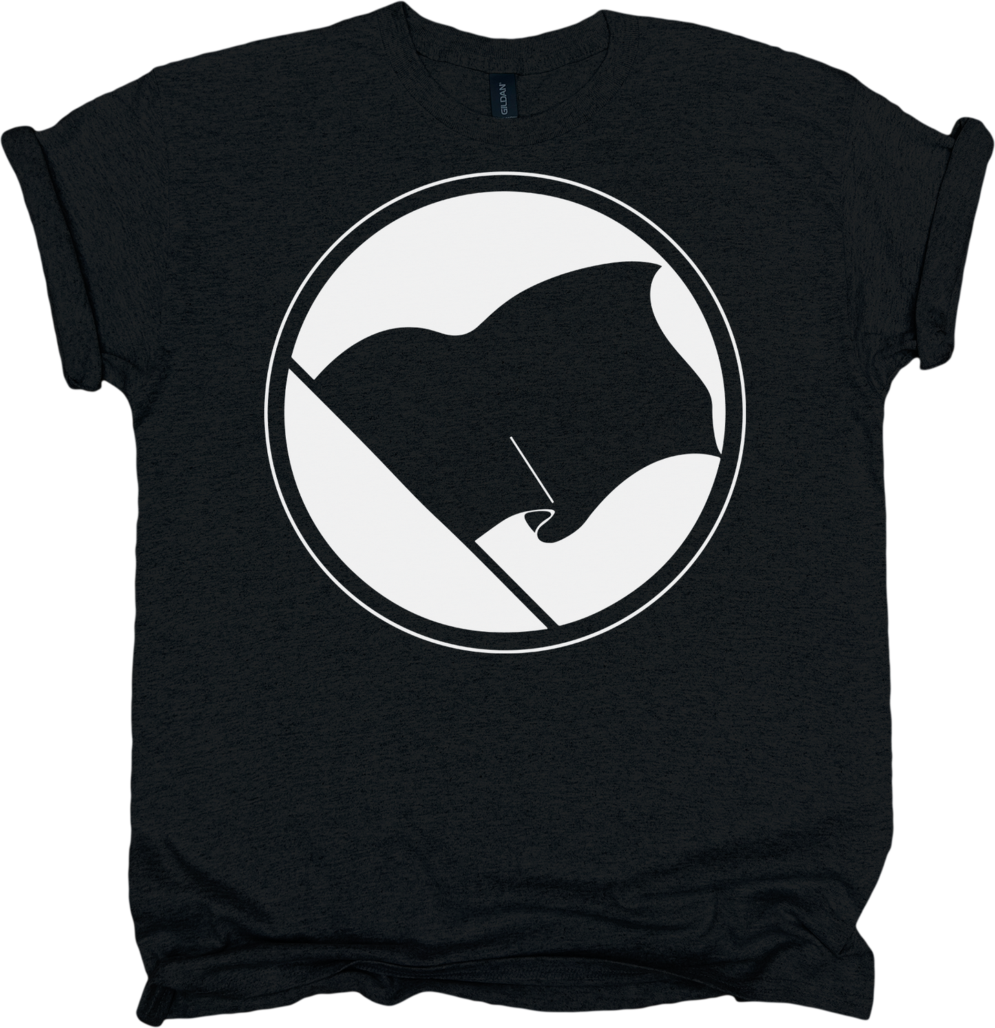 Black t-shirt with a black flag graphic design on a white background