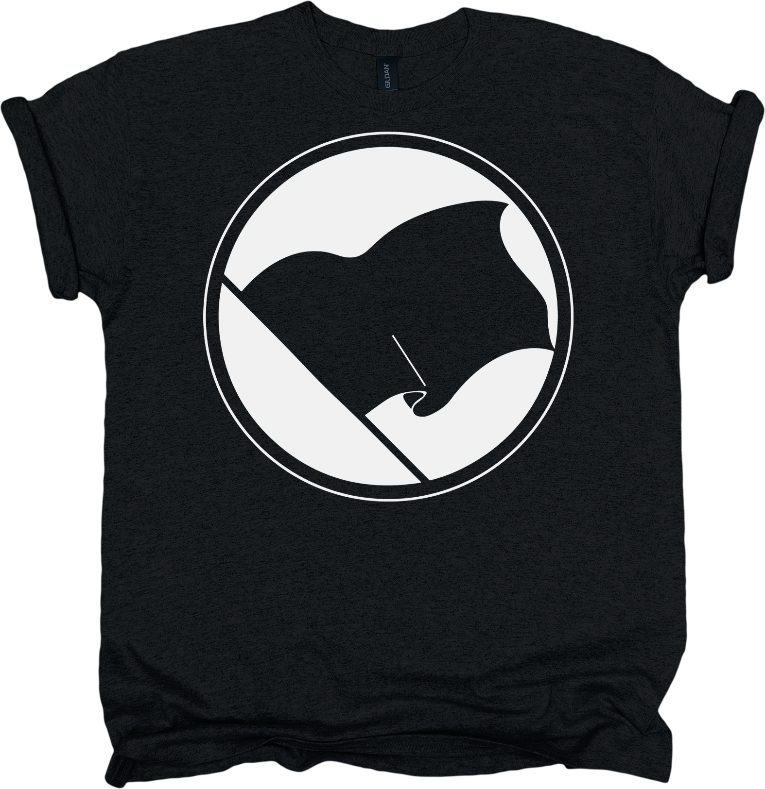 Black t-shirt with a black flag graphic design on a white background