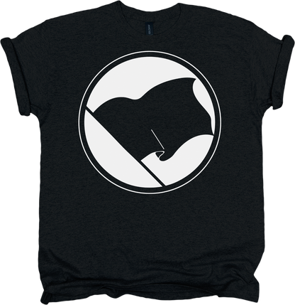 Black t-shirt with a black flag graphic design on a white background