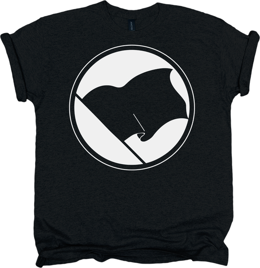 Black t-shirt with a black flag graphic design on a white background