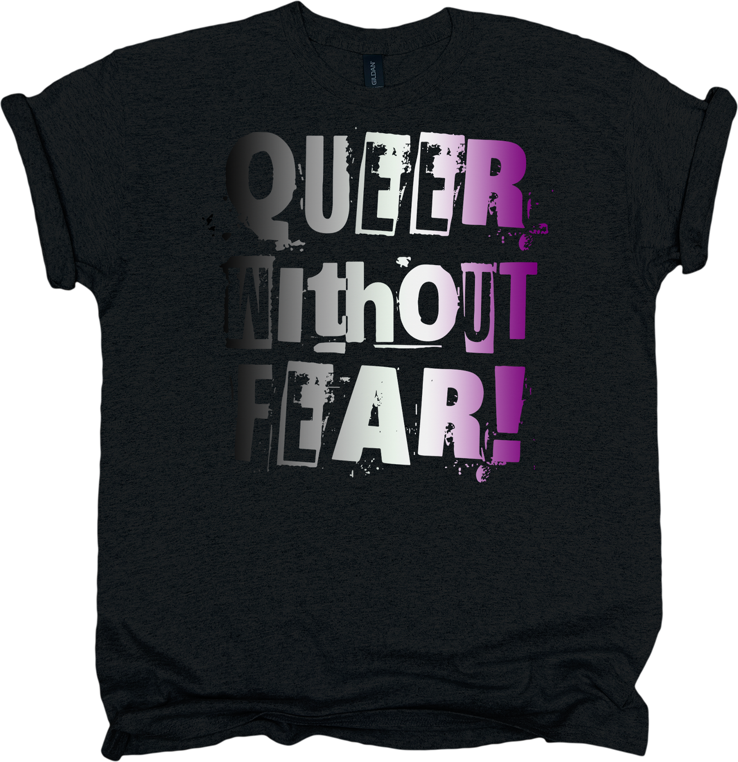 Black t-shirt with 'Queer Without Fear' text in Asexual pride colours
